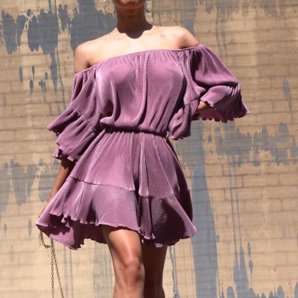 Women's Datenight Romper Ruffled Sleeve Off-Shoulder Classy Romper Mauve - Picture 1 of 4